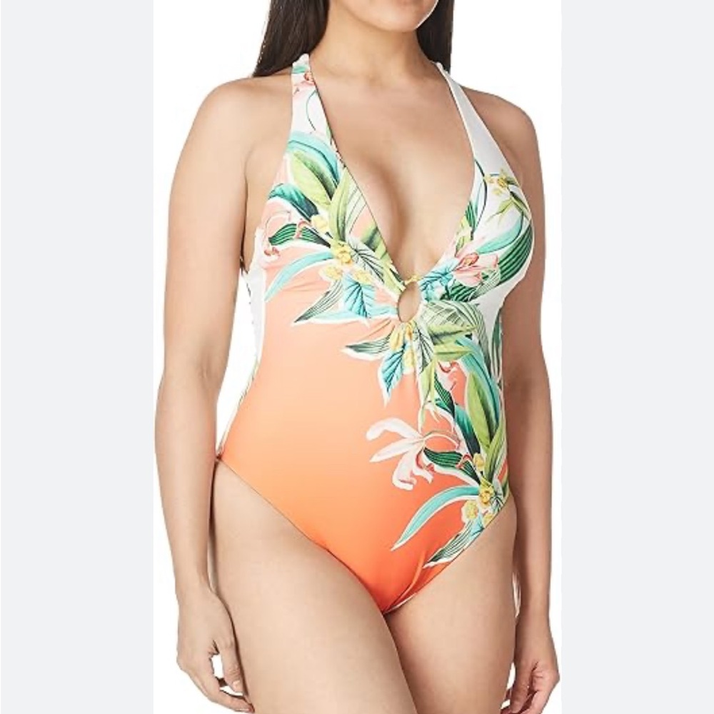 NEW Trina Turk 4 one piece swimsuit tropical leaf placed print gold hardware
